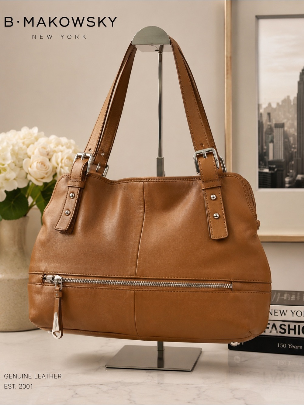 b. makowsky Tan Leather Shoulder Tote with Front Zip